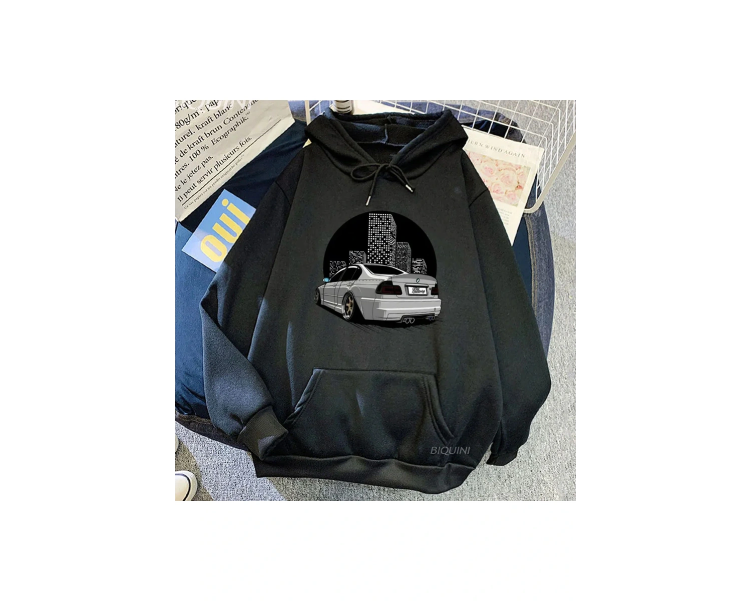 Beyaz Unisex Araba Baskı Grafik Kapüşonlular Yaygın Sokak Sonbahar Rahat Kapşonlu Y