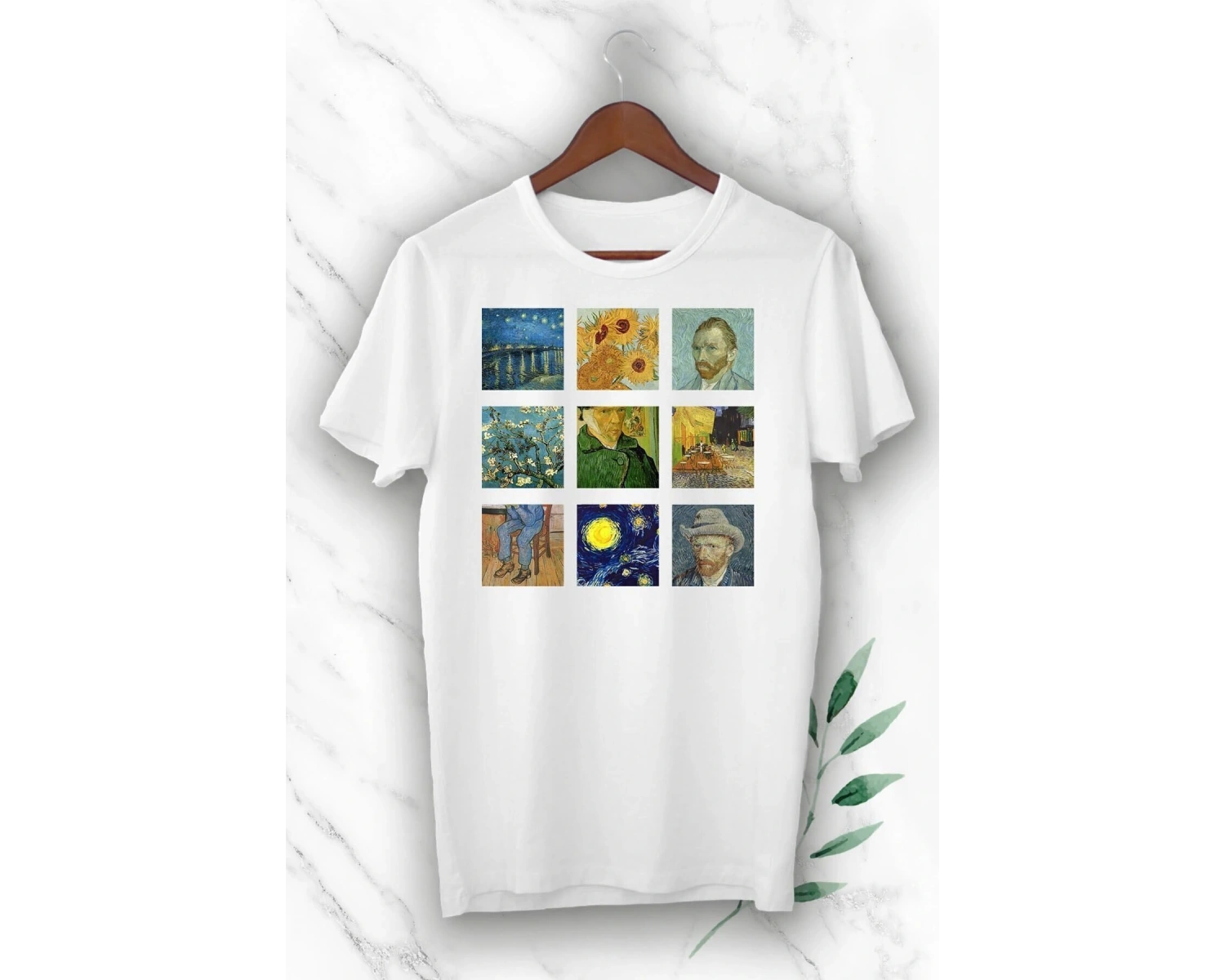 Beyaz Unisex Art Van Gogh Portre Kolaj Baskılı T-shırt