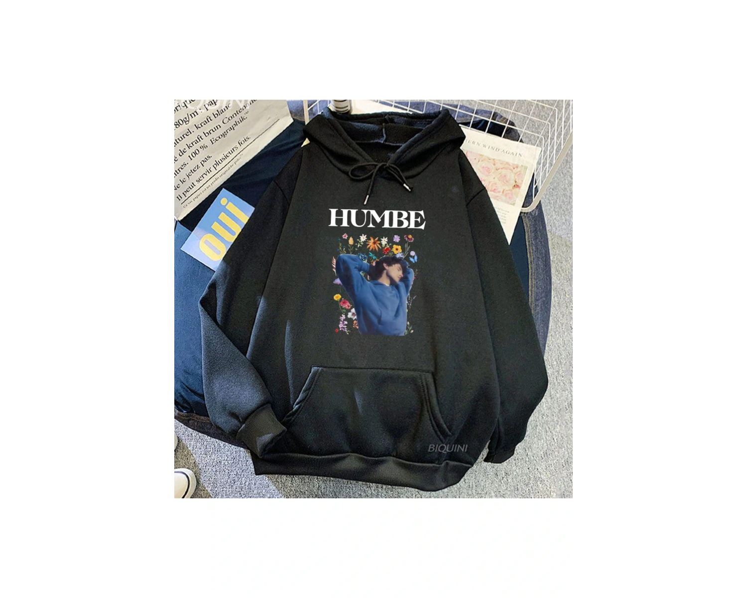 Beyaz Unisex Baskıi Humbe çiçekler grafik rahat Streetwear Moletom uzun