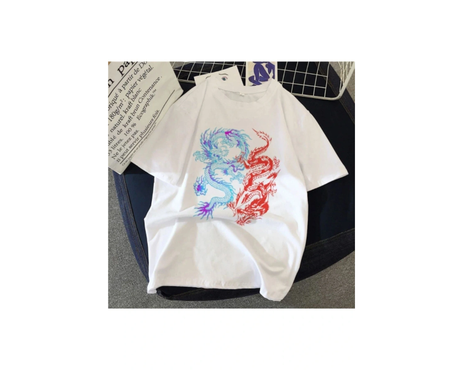 Beyaz Unisex Çift Dragon Baskılı Oversize Bisiklet Yaka T-shirt