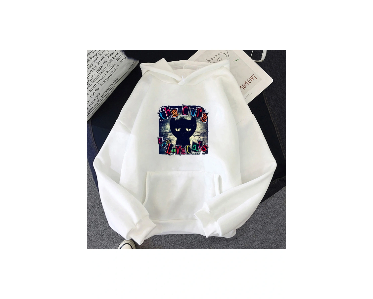 Beyaz Unisex Cure Aşk Kediler Kapüşonlular Hip Hop Gotik Sokak KışSonbahar Karikatür Baskı