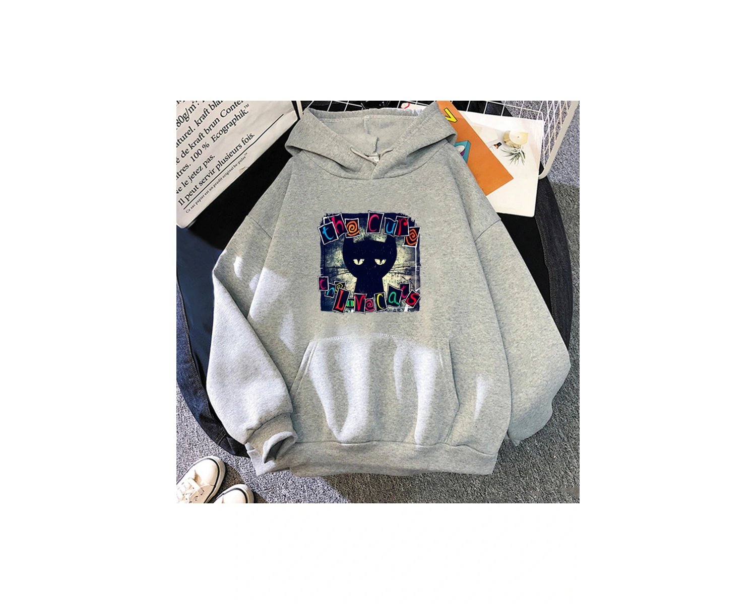 Beyaz Unisex Cure Aşk Kediler Kapüşonlular Hip Hop Gotik Sokak KışSonbahar Karikatür Baskı