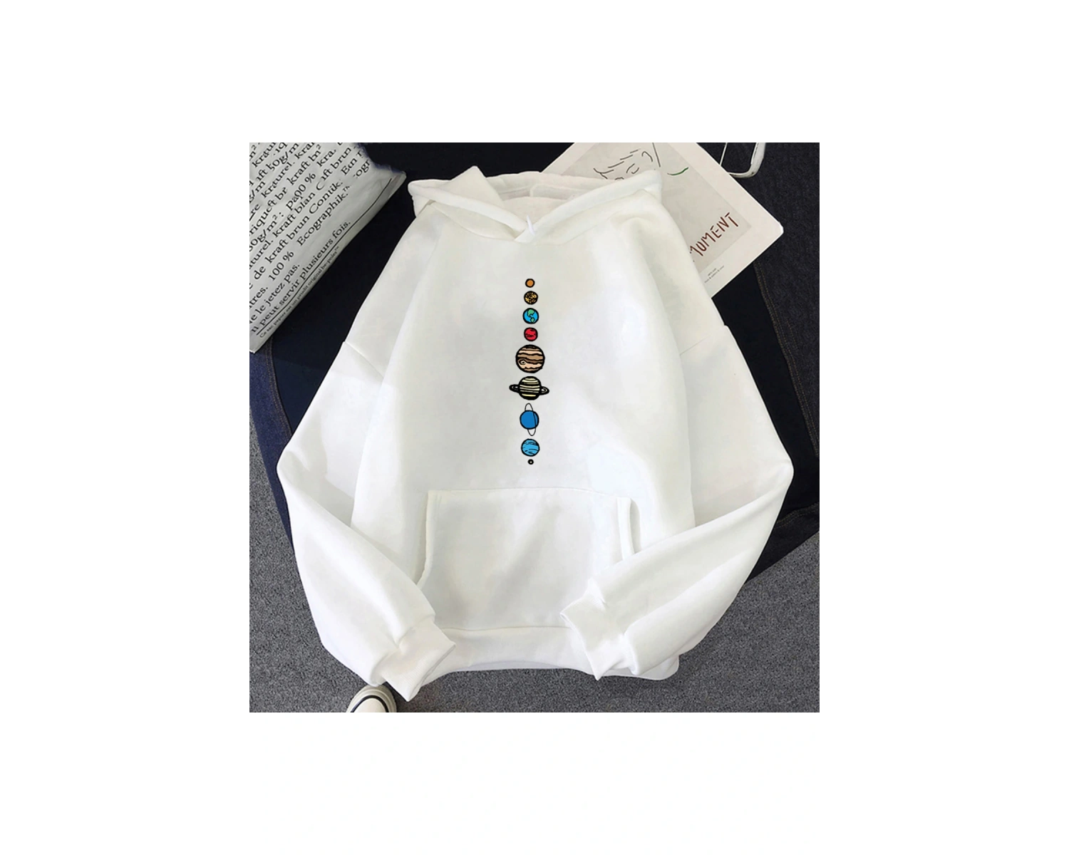 Beyaz Unisex Dokuz gezegenler evren güneş sistemi baskı Hoodie gevşek cep Hoody sonbahar bo