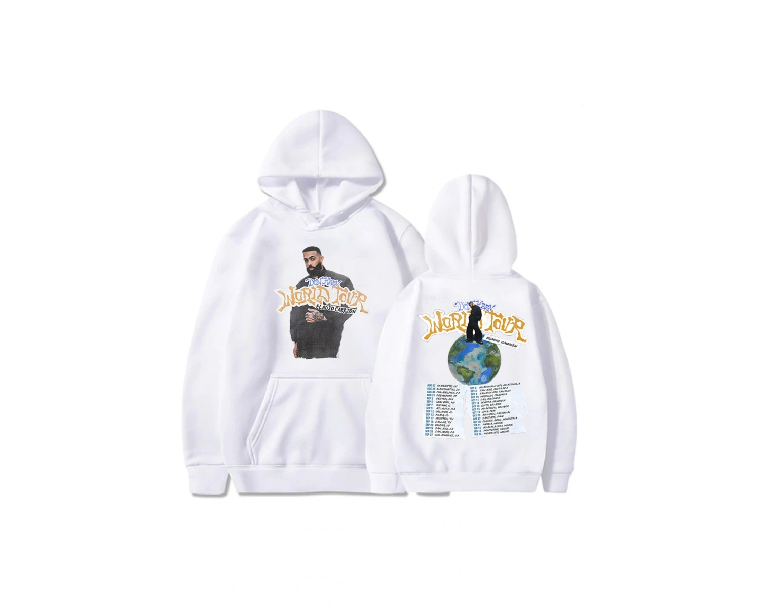 Beyaz Unisex Eladio Carrión DON KBRN Dünya Turu Rahat kapüşonlu