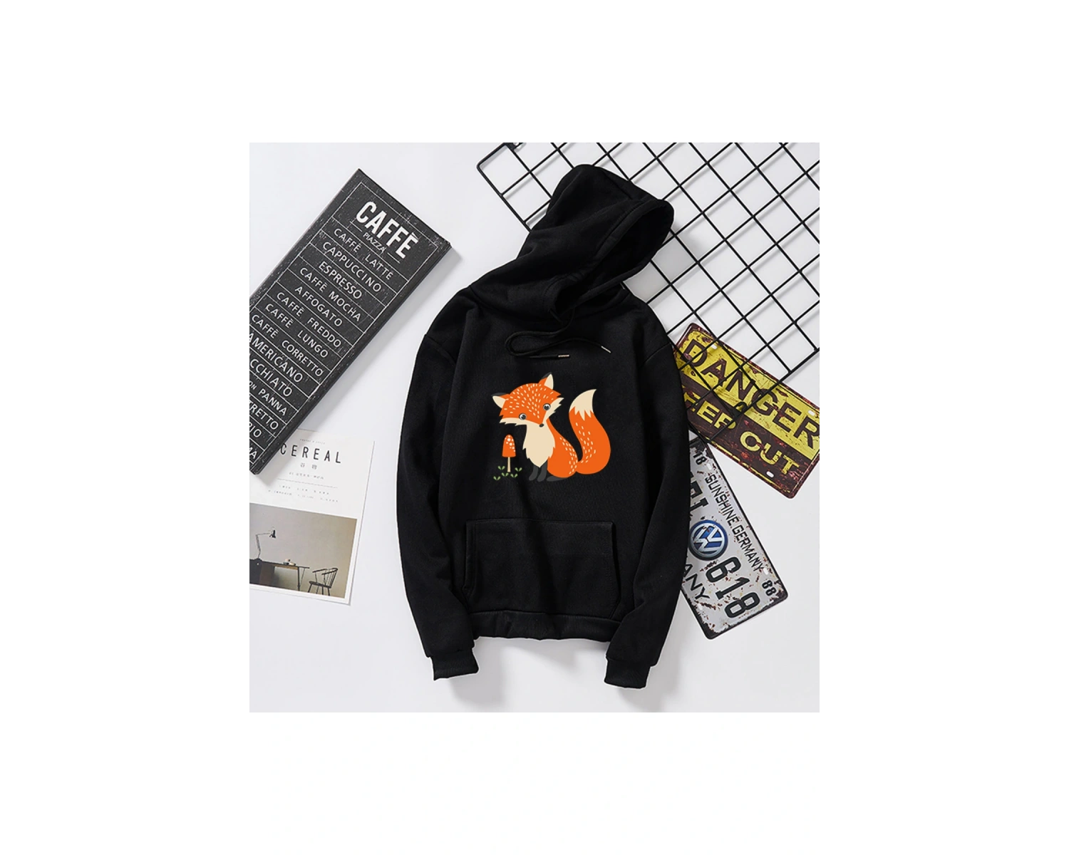 Beyaz Unisex Japon Harajuku sonbahar kapüşonlu sevimli tilki baskı öğrenci gevşek