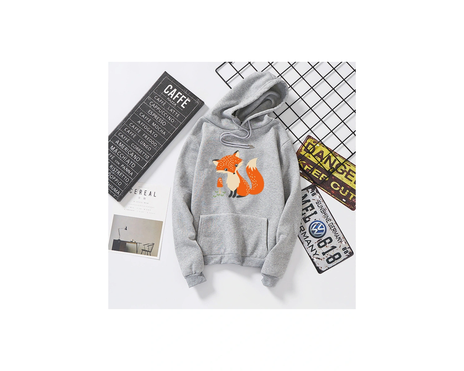 Beyaz Unisex Japon Harajuku sonbahar kapüşonlu sevimli tilki baskı öğrenci gevşek