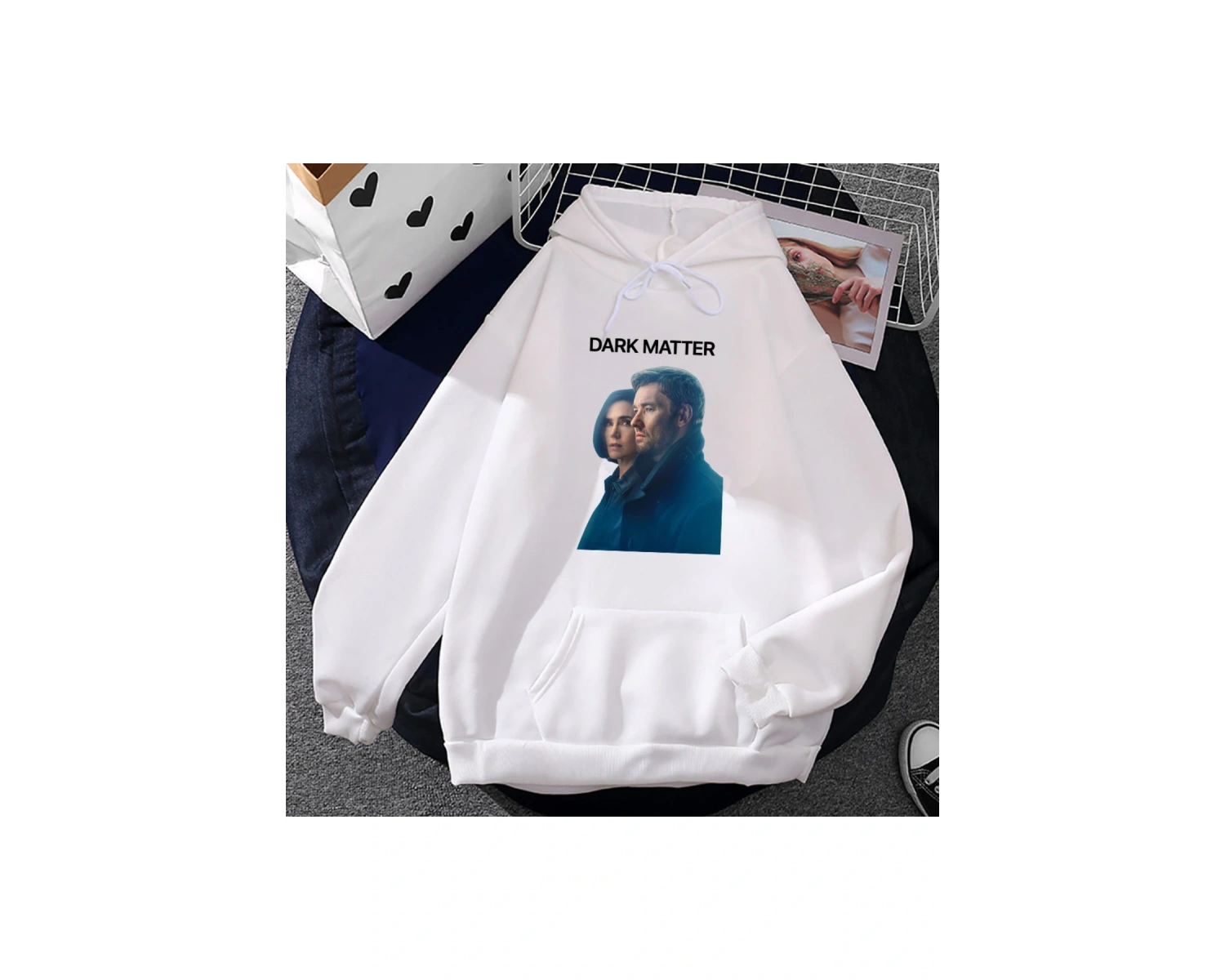 Beyaz Unisex Karanlık madde TV grafik Hoodiesekler cep giyim ile Streetwear güzse
