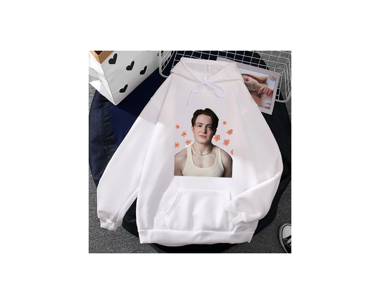 Beyaz Unisex Kit Connor baskılı kapüşonlu ErkekGiyim Moda Estetik Yumuşa