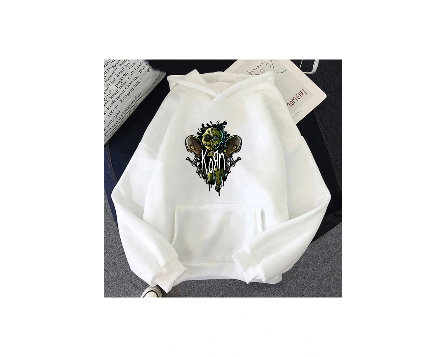 Beyaz Unisex Korn Band Ağır Zihinsel Grafik Kapüşonlular Düzenli Fit