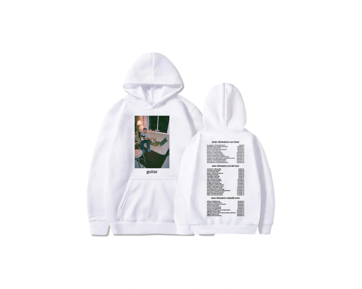 Beyaz Unisex Mac DeMarco Gitar Turu Rahat Kapşonlu Moda Şarkıcı Grafik