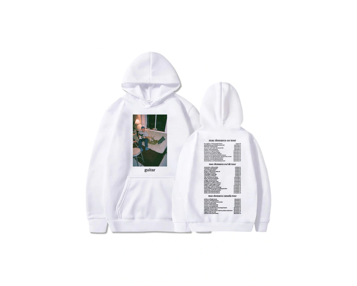 Beyaz Unisex Mac DeMarco Gitar Turu Rahat Kapşonlu Moda Şarkıcı Grafik