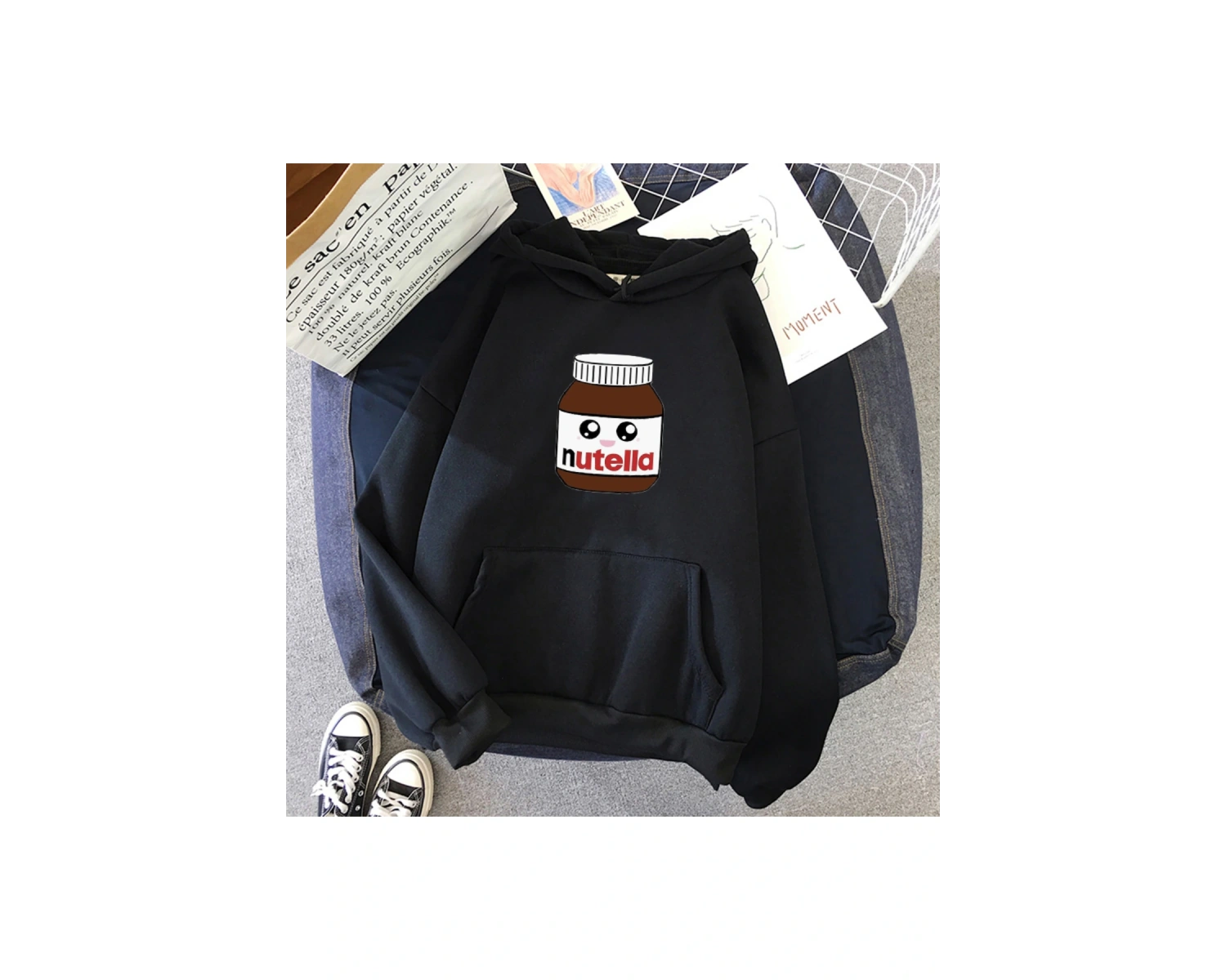 Beyaz Unisex Nutella küçük yüz Hoodie Baskı Hoody TEMEL Moda Karikatür Bask