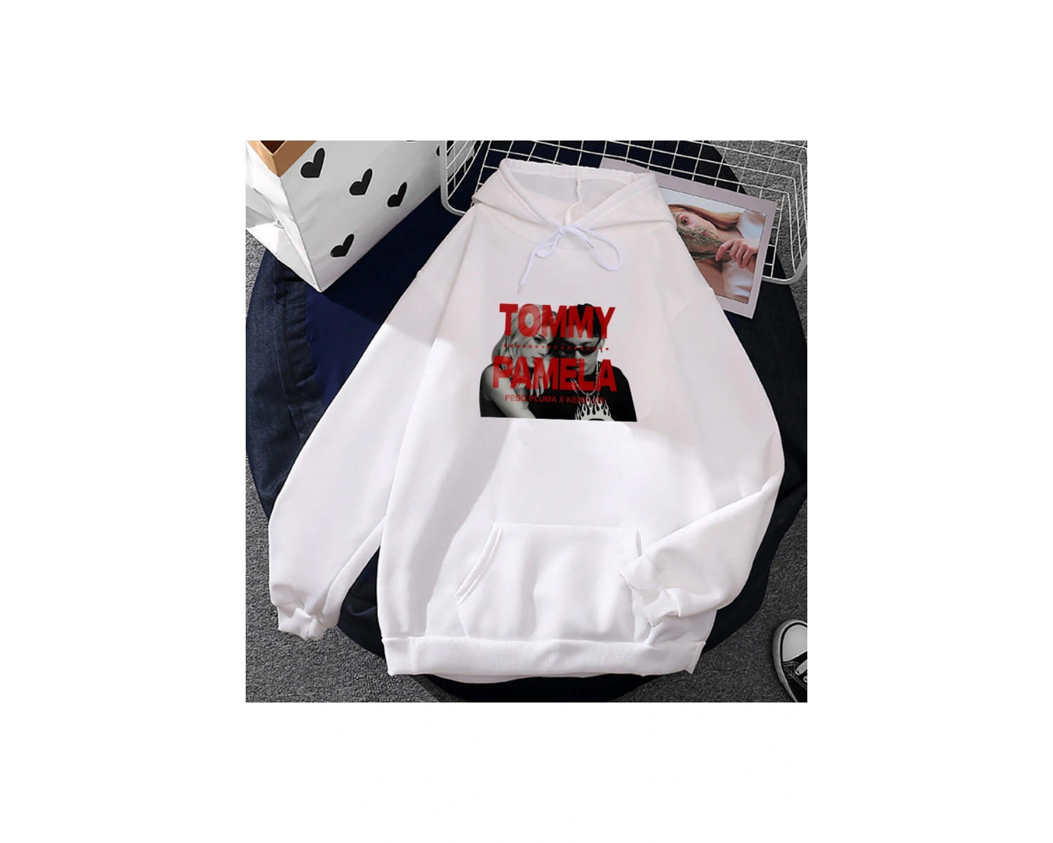 Beyaz Unisex Peso Pluma Kenia Os Kapüşonlular TOMMY & PAMELA Şarkı Grafik okak Hip