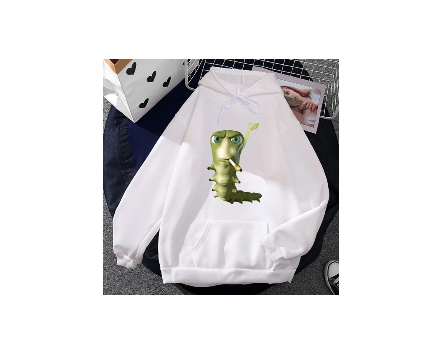 Beyaz Unisex Sigara Kapüşonlular Komik Karikatür Kapşonlu Rahat Sevimli Grafik