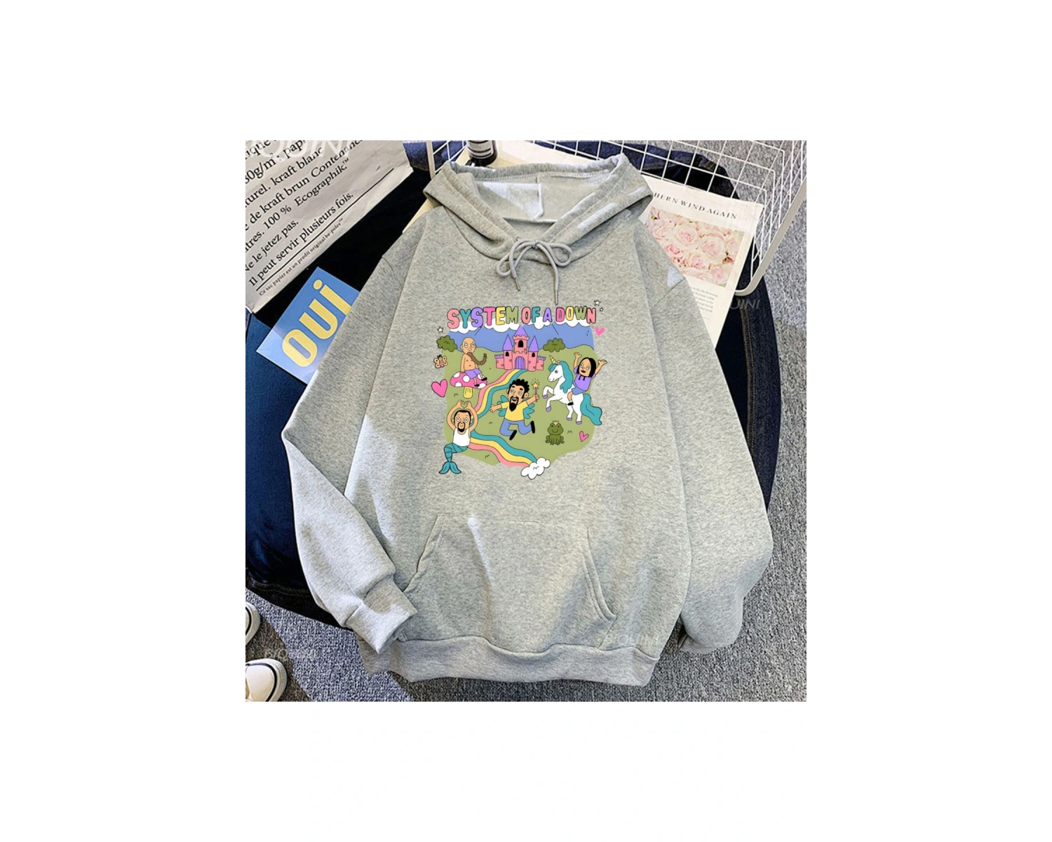 Beyaz Unisex Sistemi Aşağı Kapüşonlular Rahat Cep Rock Grubu Kawai