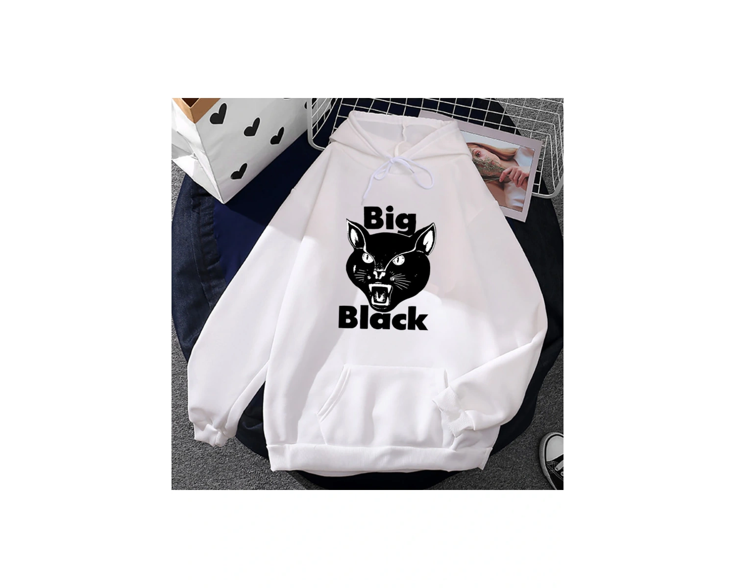 Beyaz Unisex siyah bant kedi grafik baskı ağır zihinsel moda stil kapşonlu