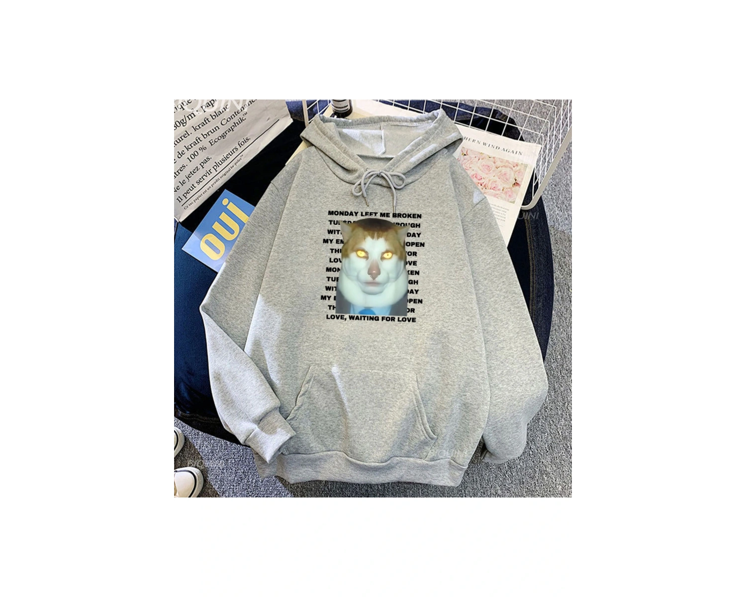 Beyaz Unisex Streetwear Ropa Hombre Meme kedi pazartesi sol bana kırık rahat kı