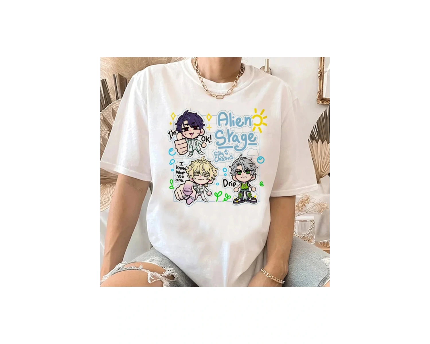 Beyaz Uzaylı Sahne Kawaii Karikatür Streetwear Y2k Harajuku Anime Japon Manga T