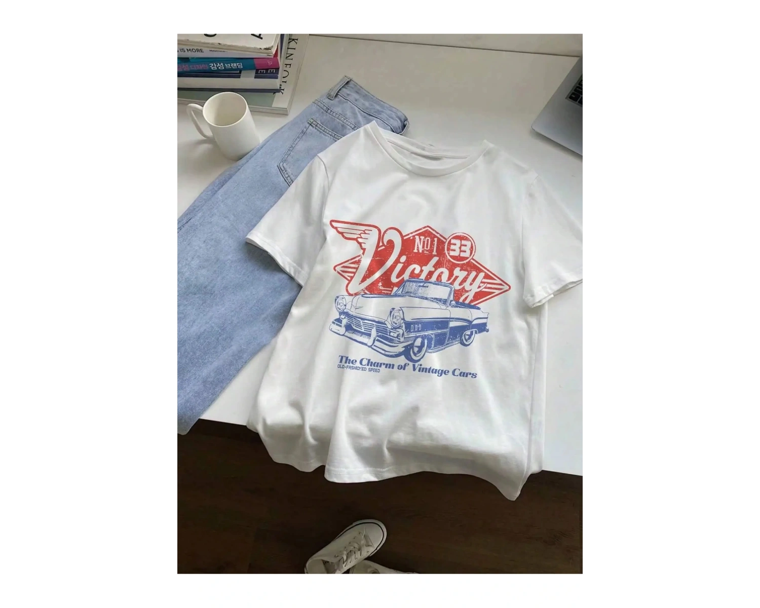 Beyaz Vintage Arabaların Cazibesi Zafer Baskı sıfır yaka bluzlar Yaz Sokak