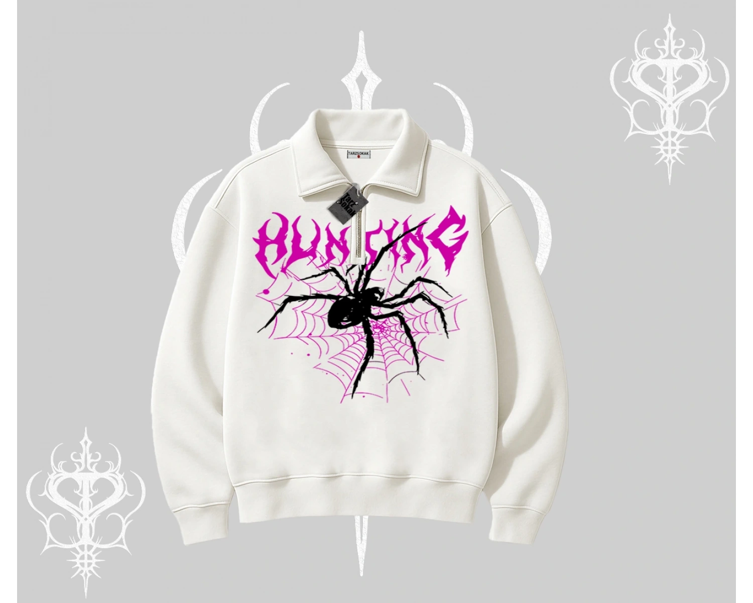 Beyaz Yarım Fermuarlı Sweatshirt Autumn Spider