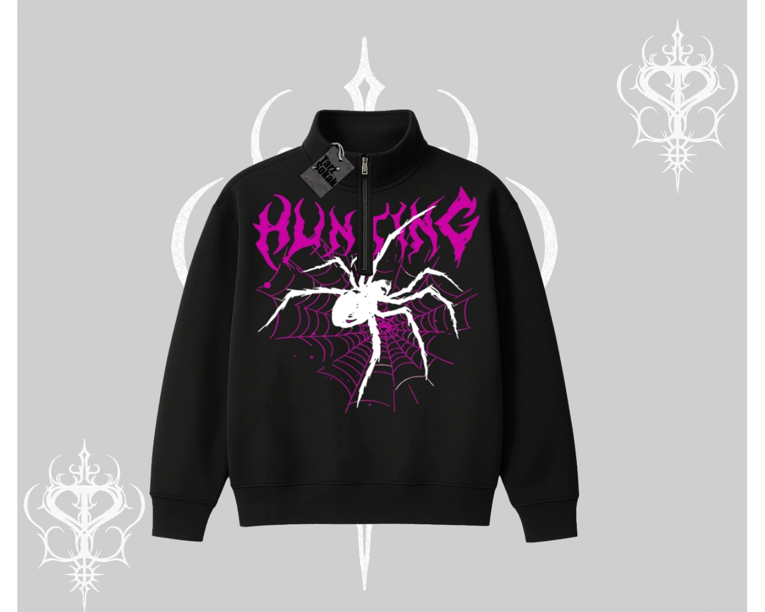 Beyaz Yarım Fermuarlı Sweatshirt Autumn Spider