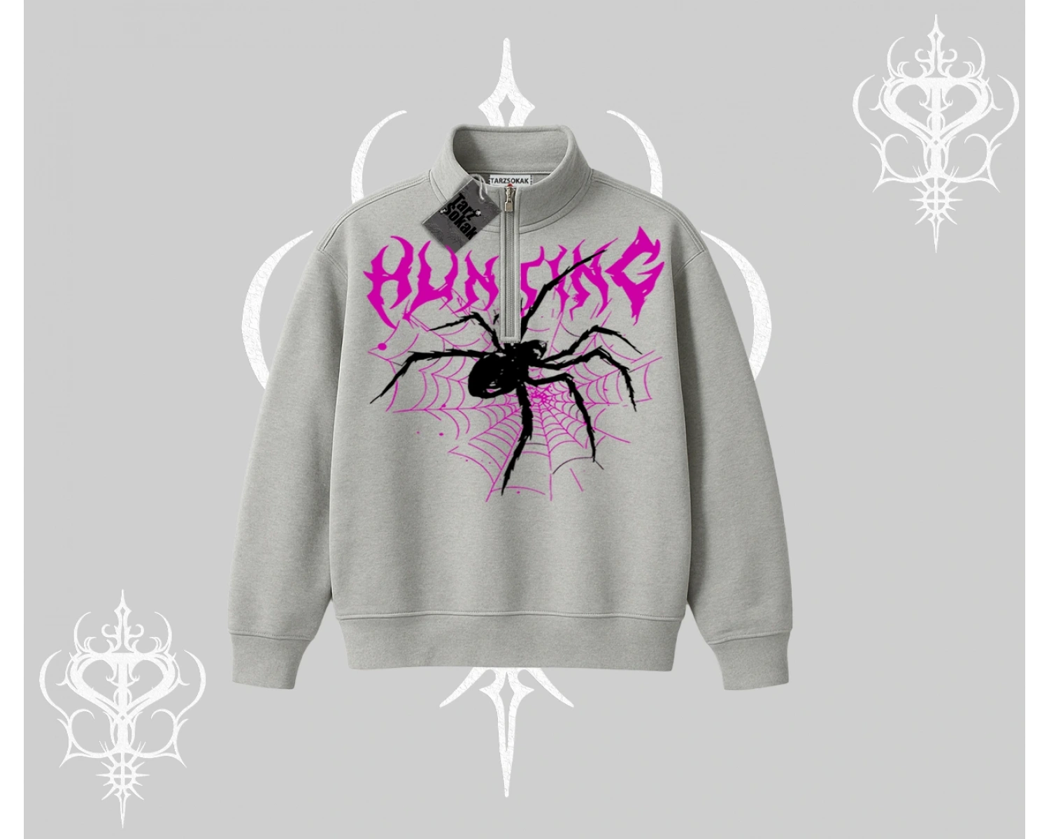 Beyaz Yarım Fermuarlı Sweatshirt Autumn Spider