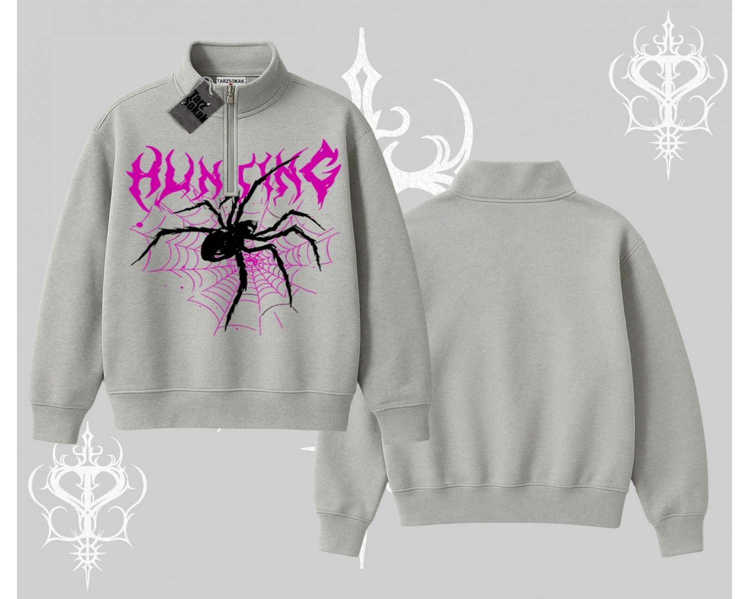 Beyaz Yarım Fermuarlı Sweatshirt Autumn Spider