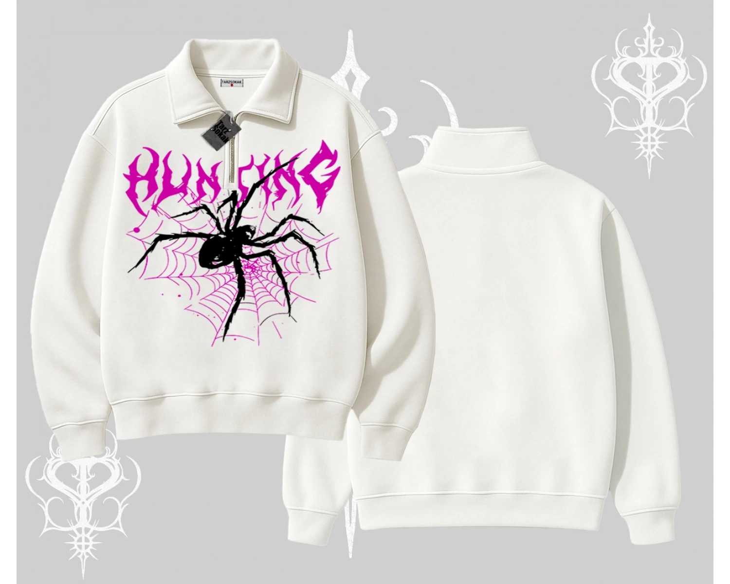 Beyaz Yarım Fermuarlı Sweatshirt Autumn Spider