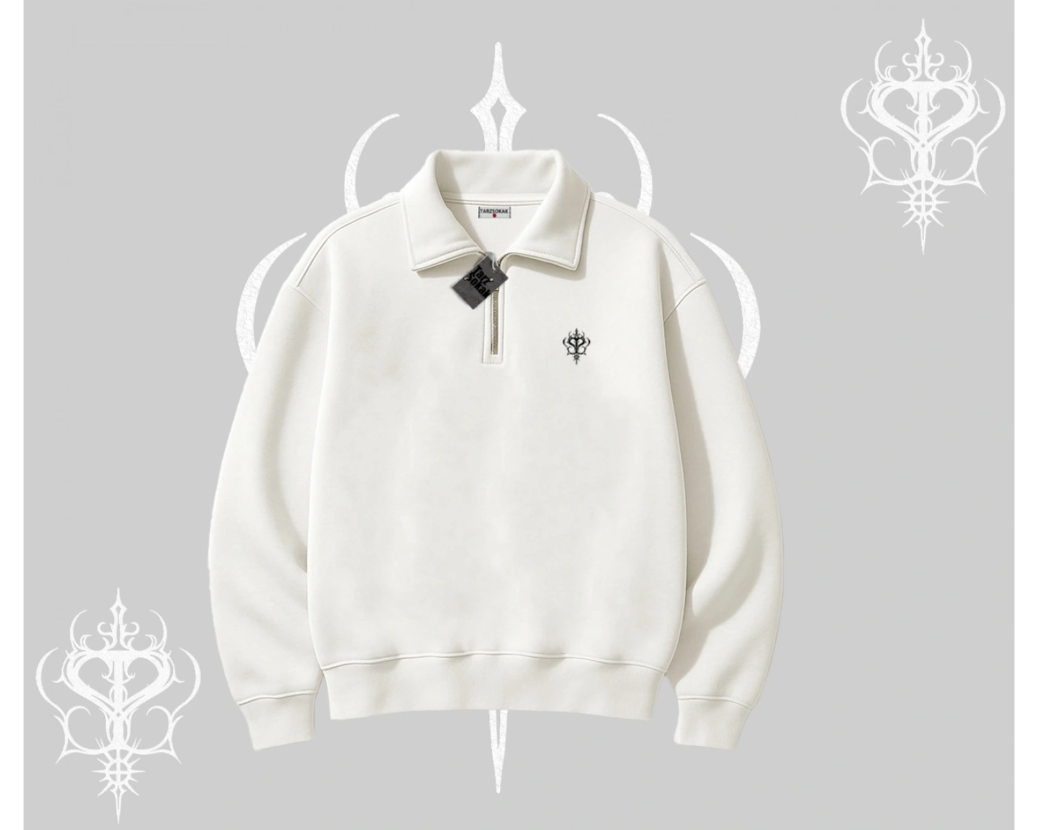 Beyaz Yarım Fermuarlı Sweatshirt Özel logolu