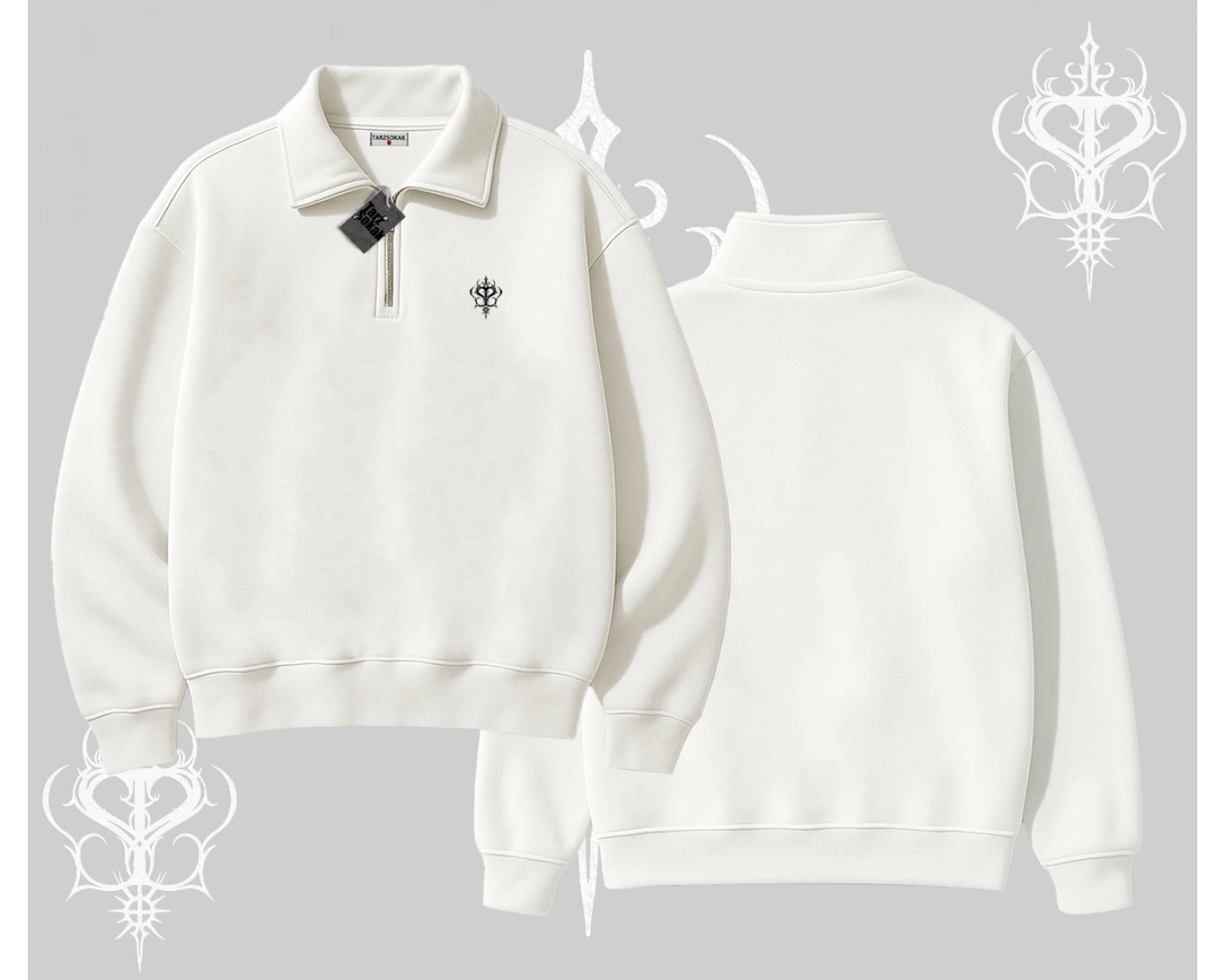 Beyaz Yarım Fermuarlı Sweatshirt Özel logolu