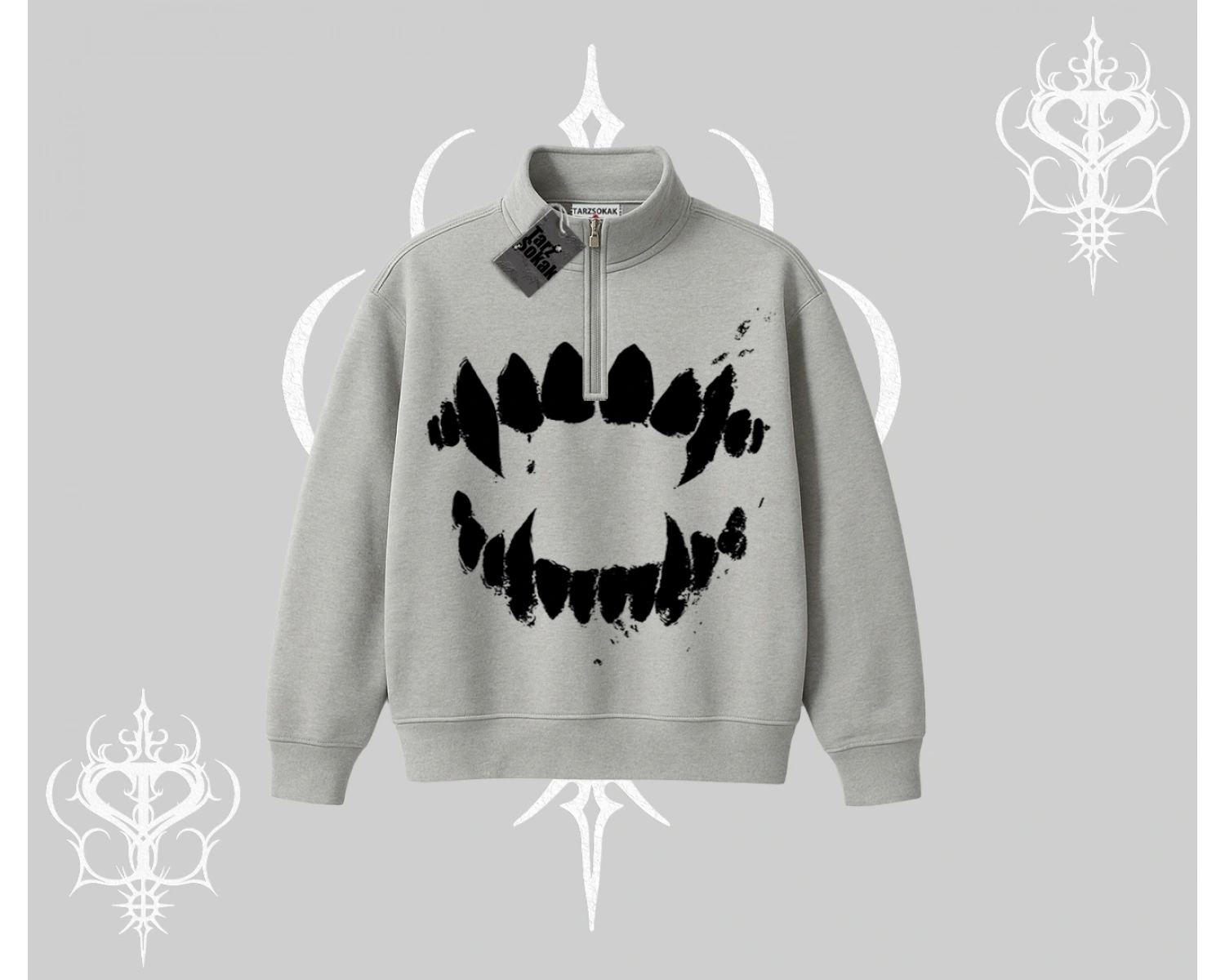 Beyaz Yarım Fermuarlı Sweatshirt Vampir Dış