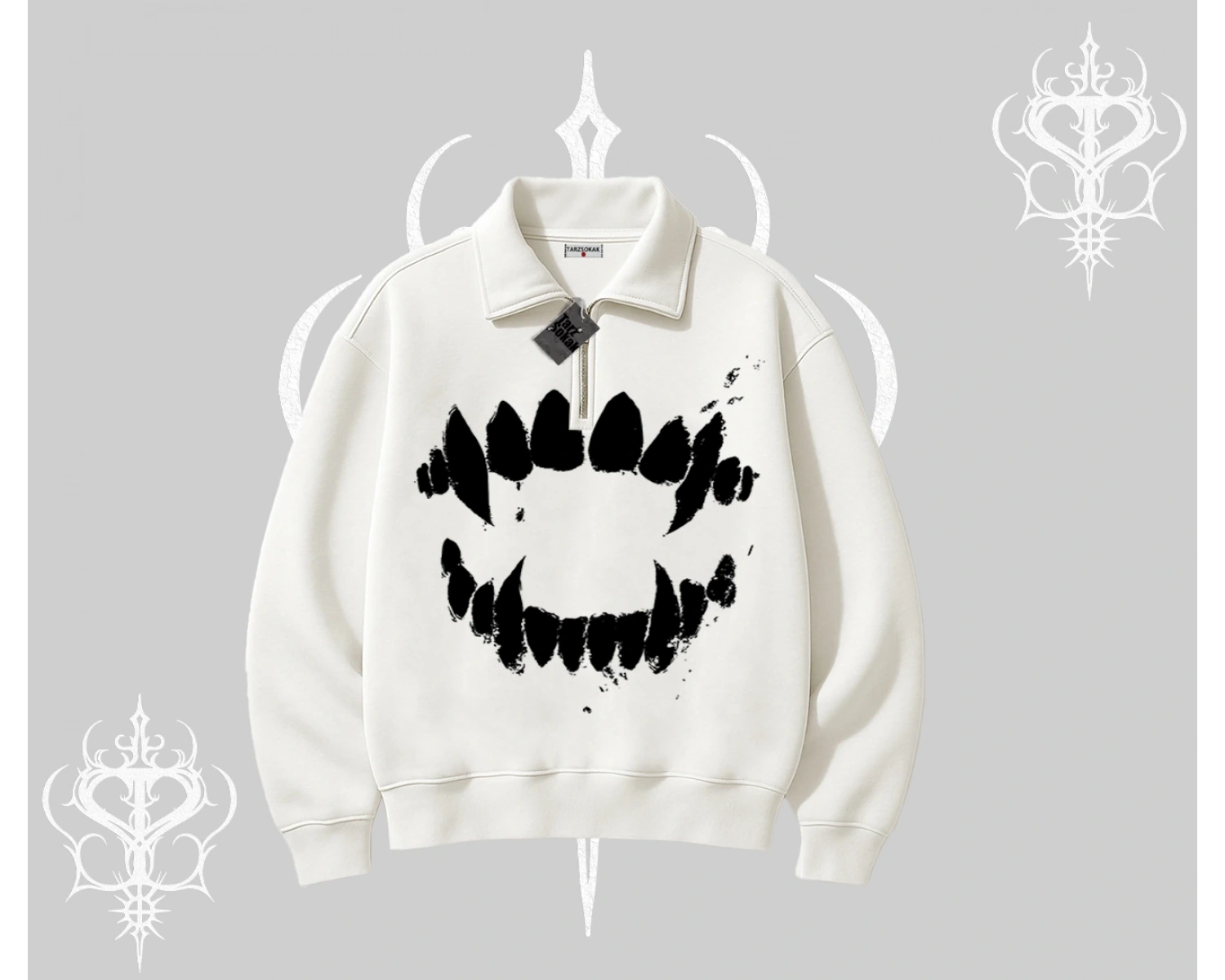 Beyaz Yarım Fermuarlı Sweatshirt Vampir Dış
