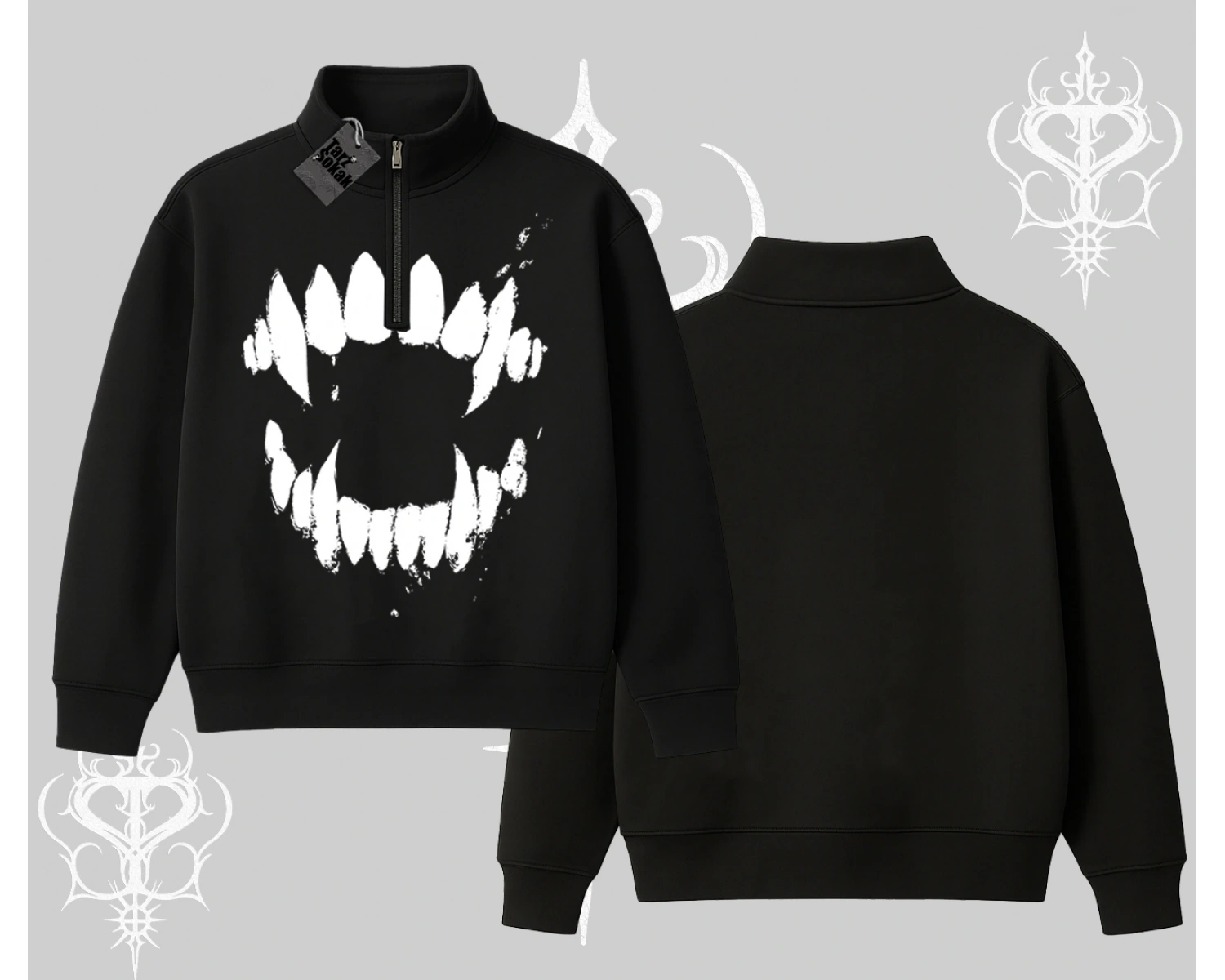 Beyaz Yarım Fermuarlı Sweatshirt Vampir Dış