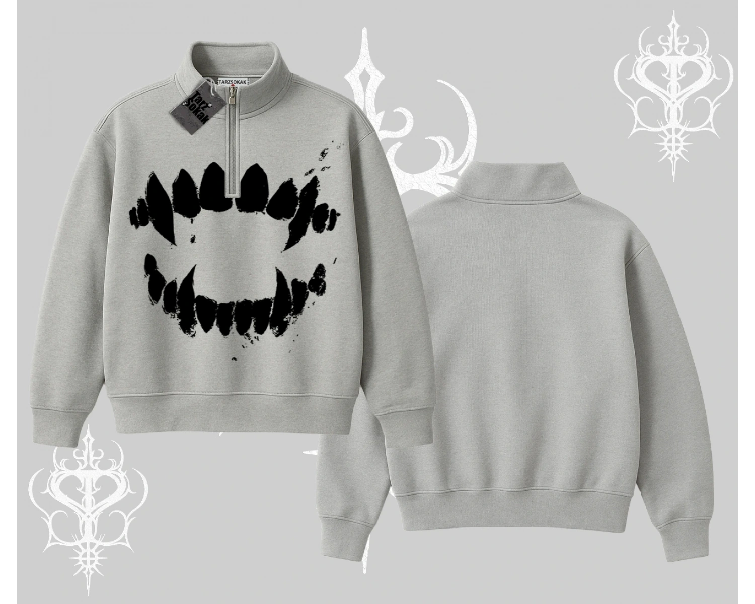 Beyaz Yarım Fermuarlı Sweatshirt Vampir Dış