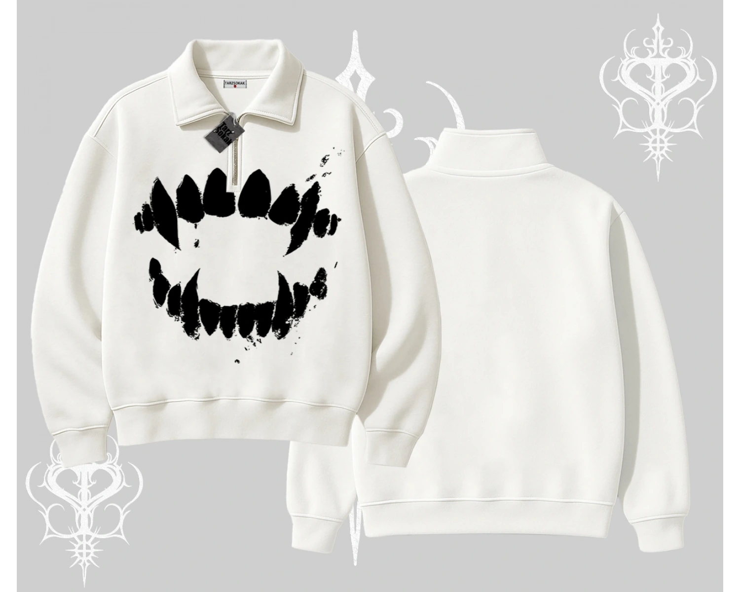 Beyaz Yarım Fermuarlı Sweatshirt Vampir Dış