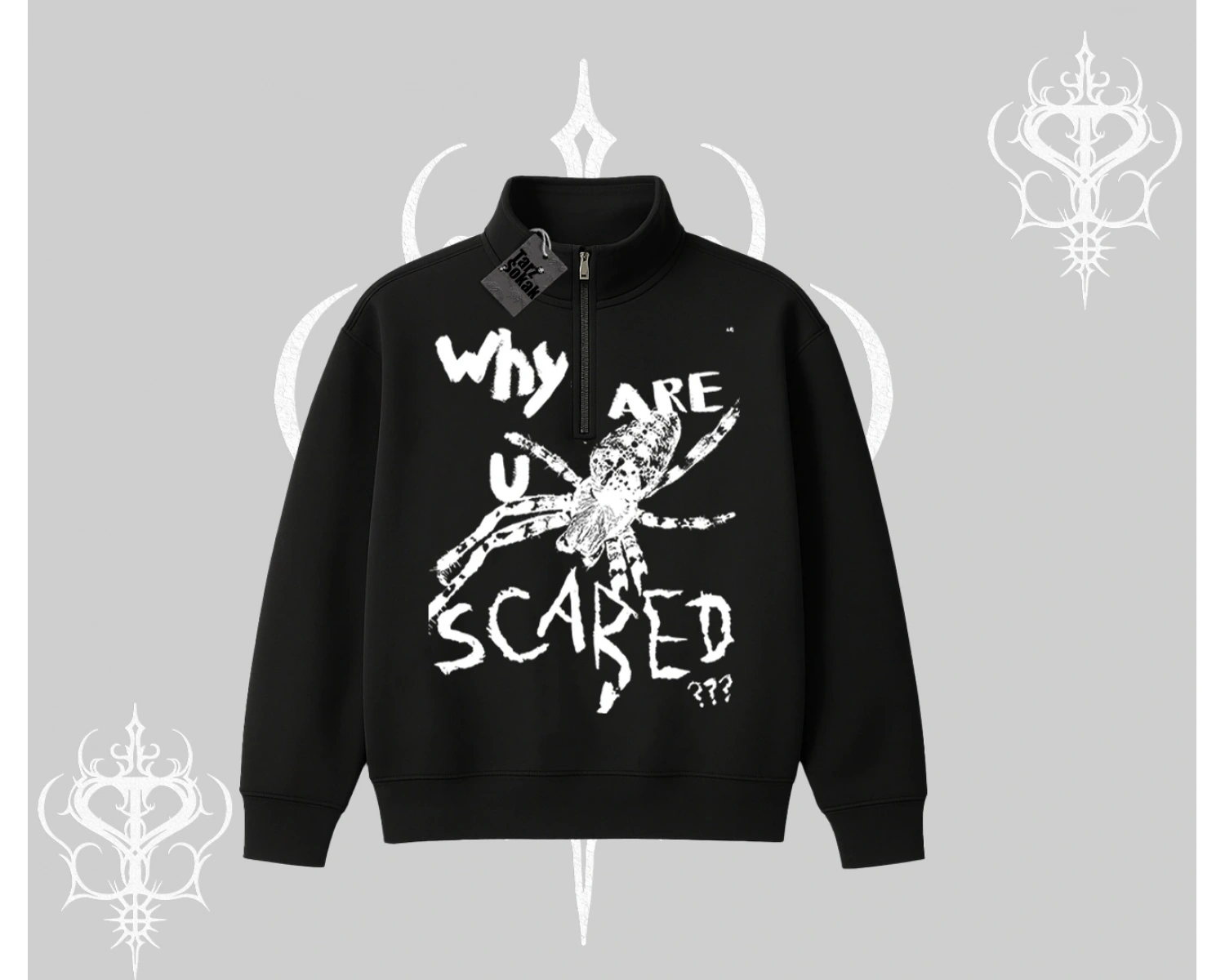 Beyaz Yarım Fermuarlı Sweatshirt Why are u Scared