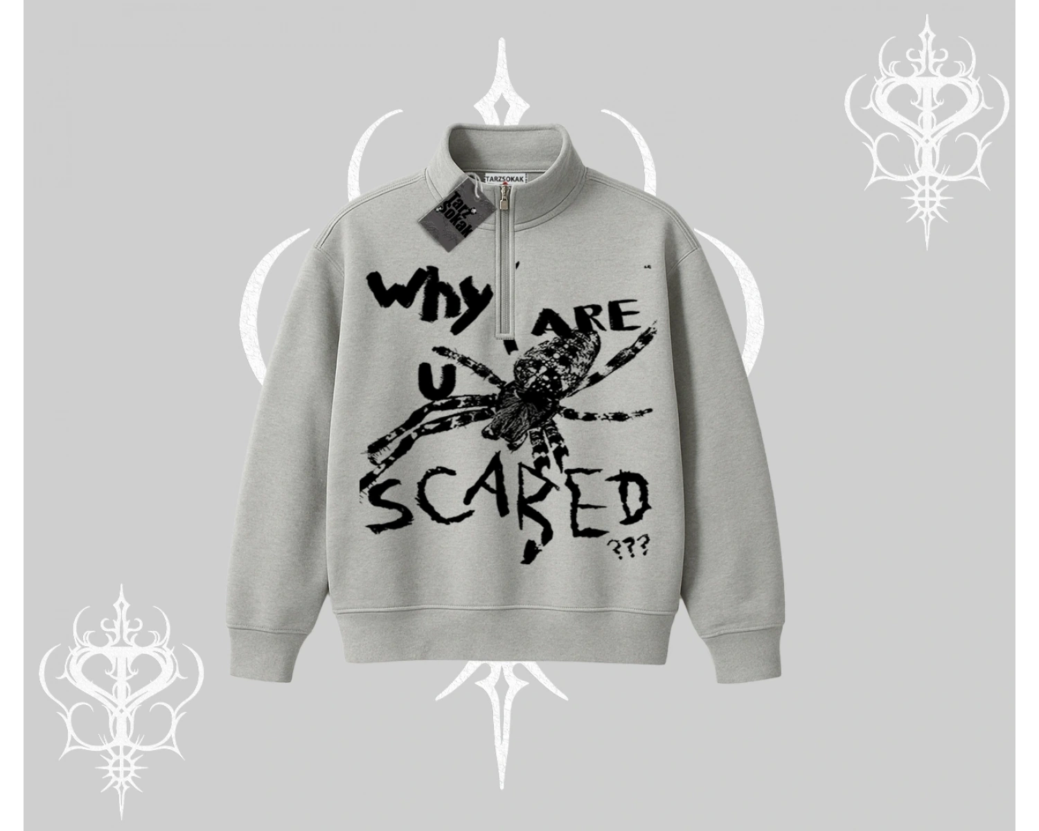 Beyaz Yarım Fermuarlı Sweatshirt Why are u Scared