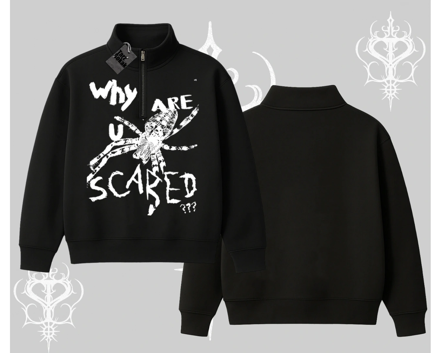 Beyaz Yarım Fermuarlı Sweatshirt Why are u Scared