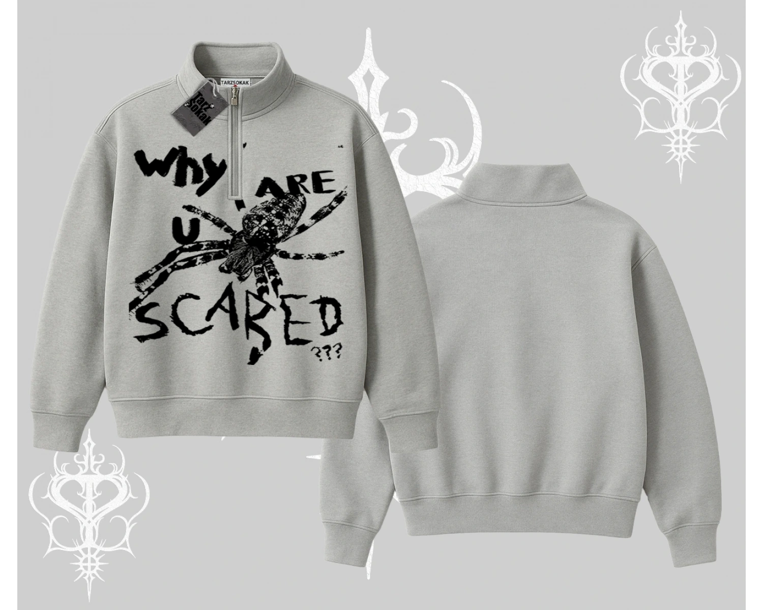 Beyaz Yarım Fermuarlı Sweatshirt Why are u Scared