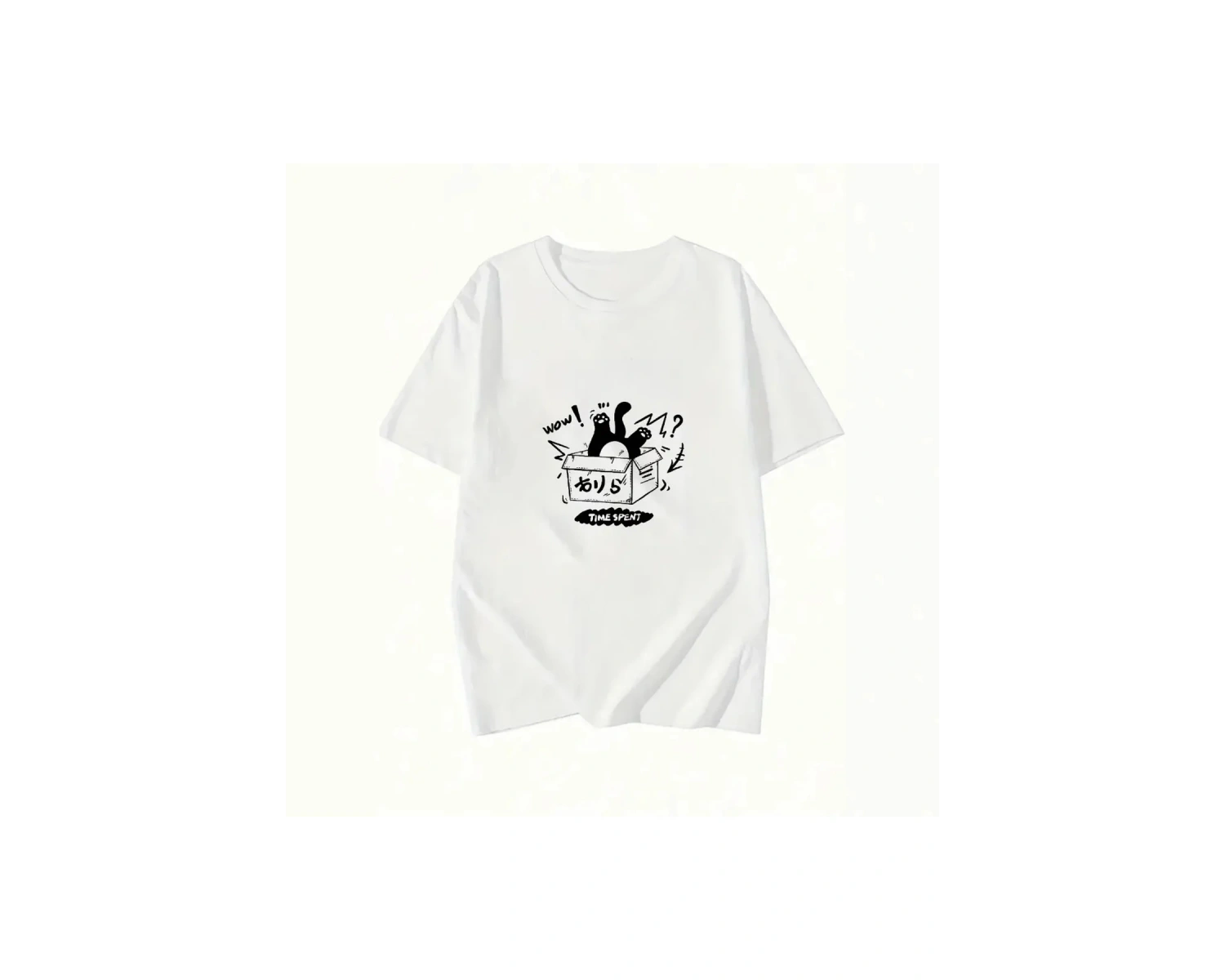 Beyaz Yavru Kedi Balık Tutuyor Karikatür Baskı Gevşek O-Boyun Yumuşak Kısa Ko