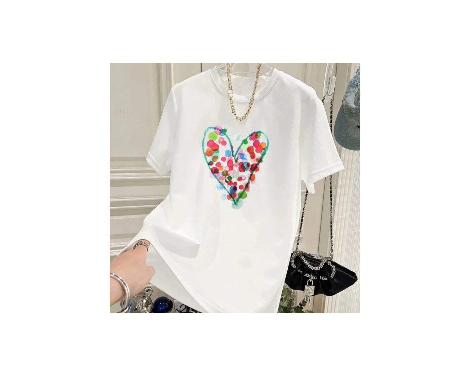 Beyaz Yaz El-Boyalı Puantiyeli Baskı Saf O-Boyun En Tees Gevşek