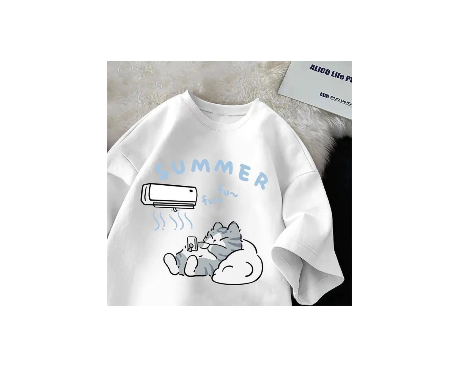 Beyaz Yaz japon karikatür sevimli kedi eğlenceli baskı gevşek yarım k