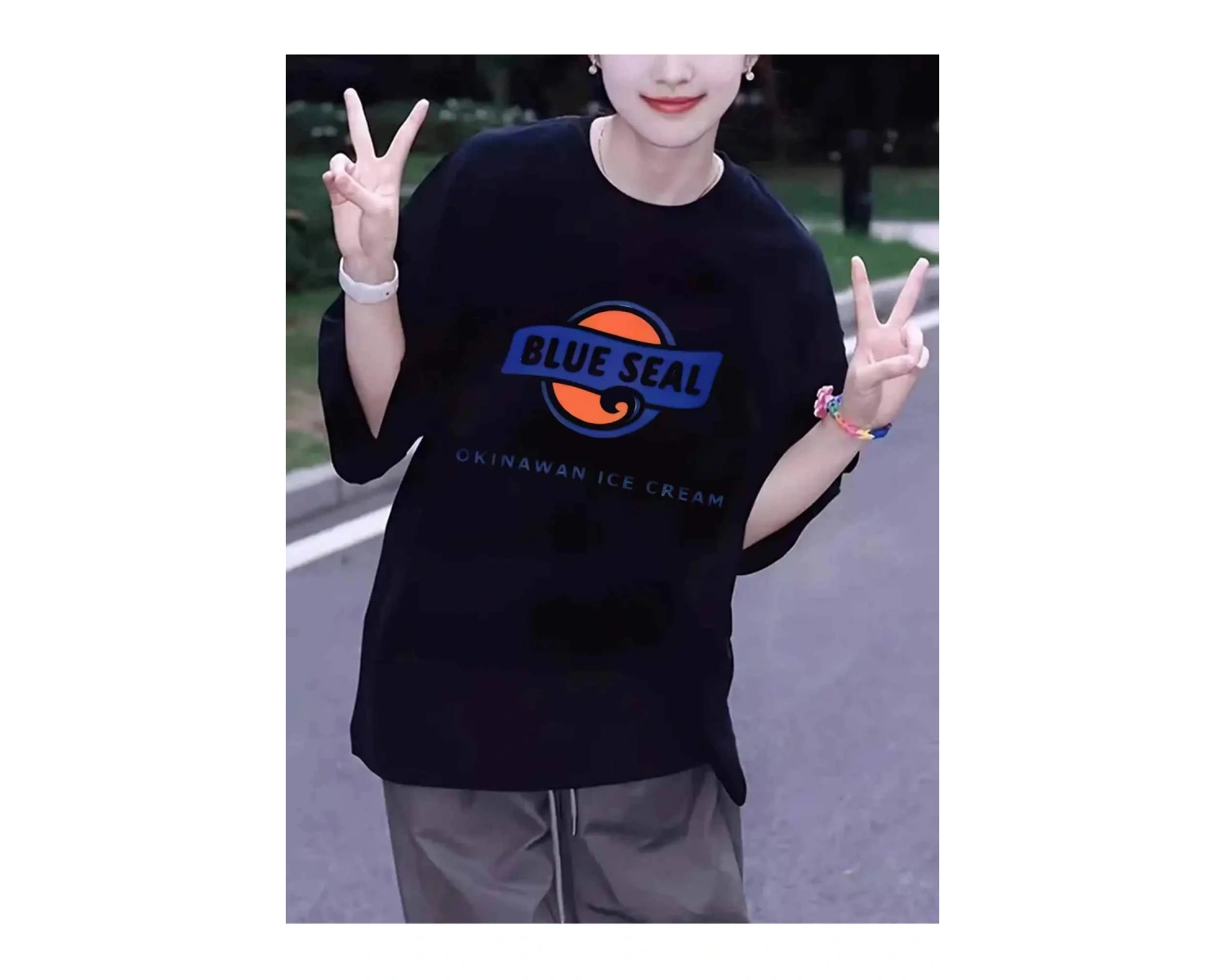 Beyaz Yaz Mavi Mühür Karikatür Baskı Yuvarlak Boyun Sevimli Y2K Stilleri Ra