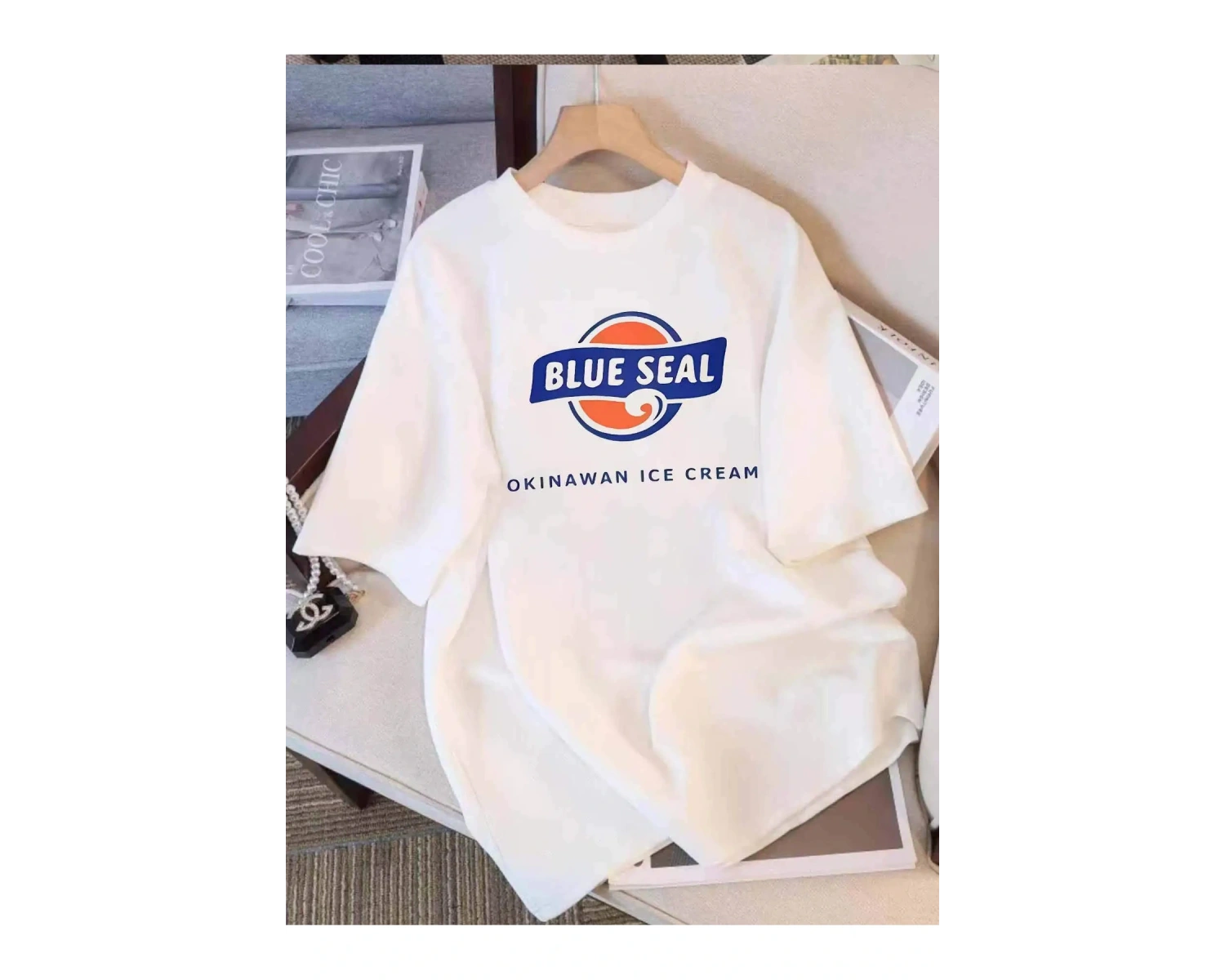 Beyaz Yaz Mavi Mühür Karikatür Baskı Yuvarlak Boyun Sevimli Y2K Stilleri Ra