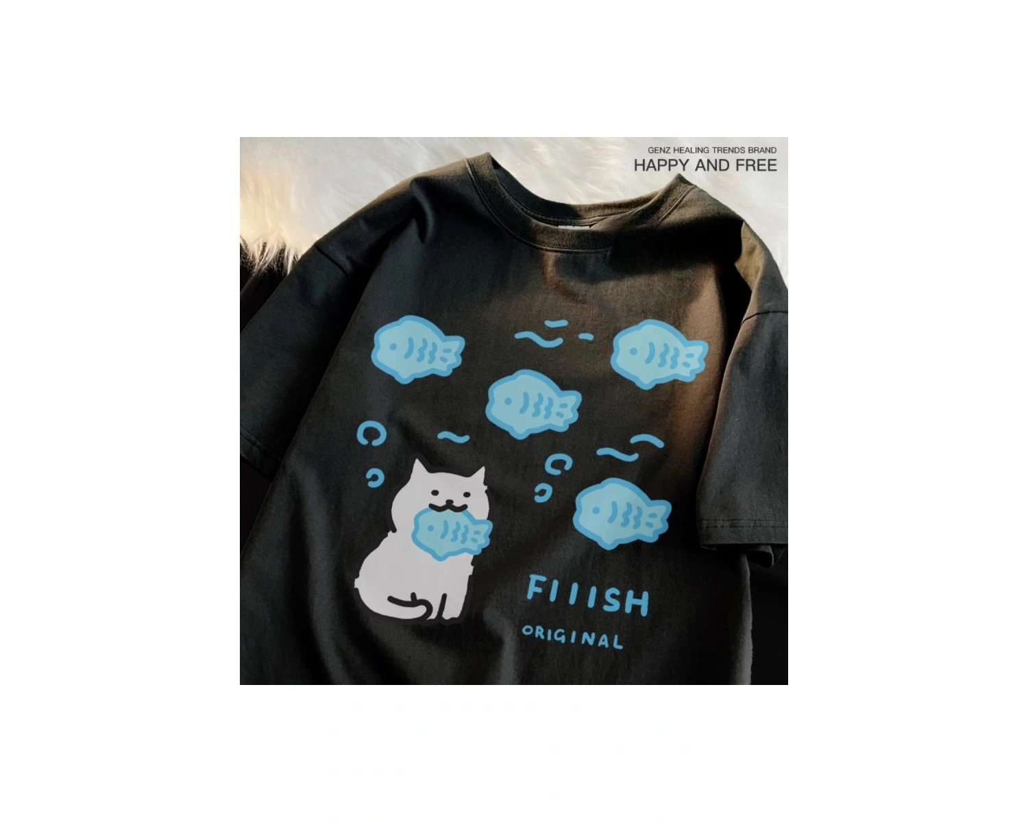 Beyaz Yeme Balık Kedi Küçük Balık Yaz Nefes Eğlence Gevşek Çift Tee Y