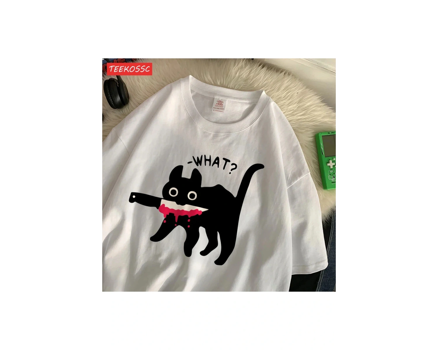 Beyaz Yeme Balık Kedi Küçük Balık Yaz Nefes Eğlence Gevşek Çift Tee Y