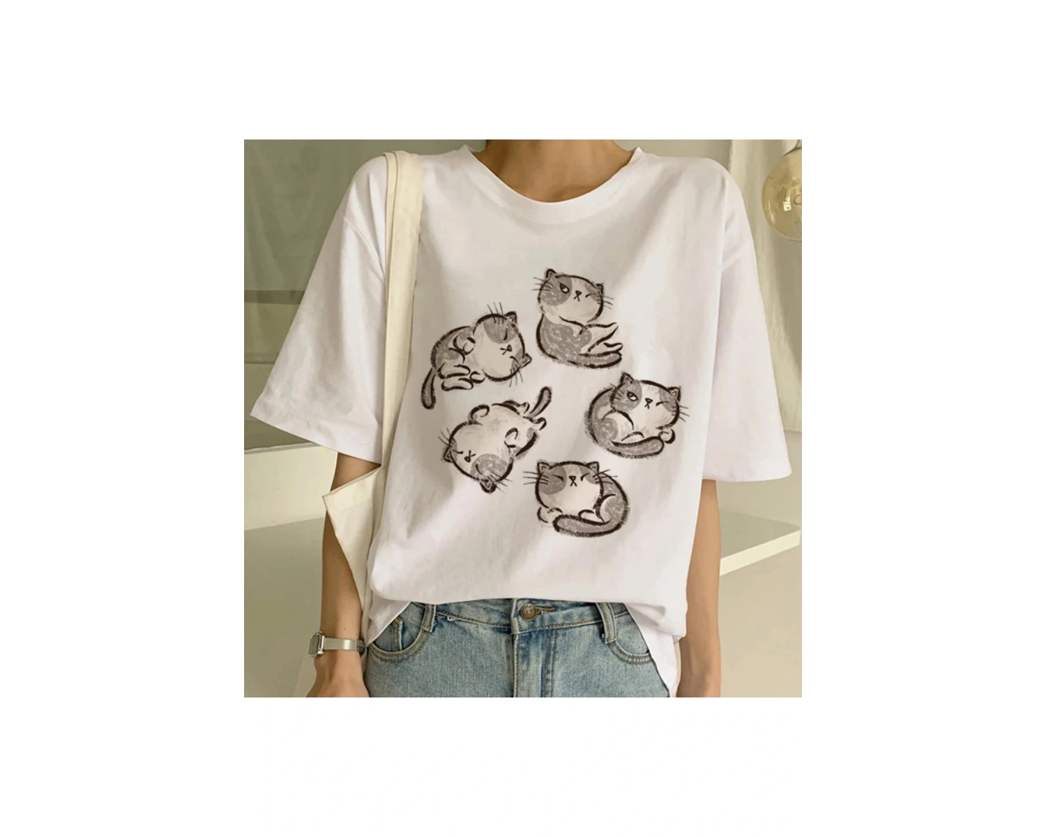Beyaz Yeni Sevimli Kedi Komik Karikatür Baskı Tshirt Harajuku Kawaii T-shi