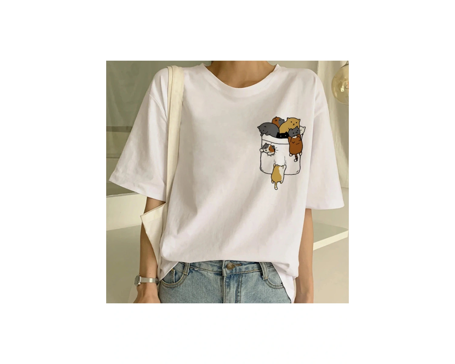 Beyaz Yeni Sevimli Kedi Komik Karikatür Baskı Tshirt Harajuku Kawaii T-shi