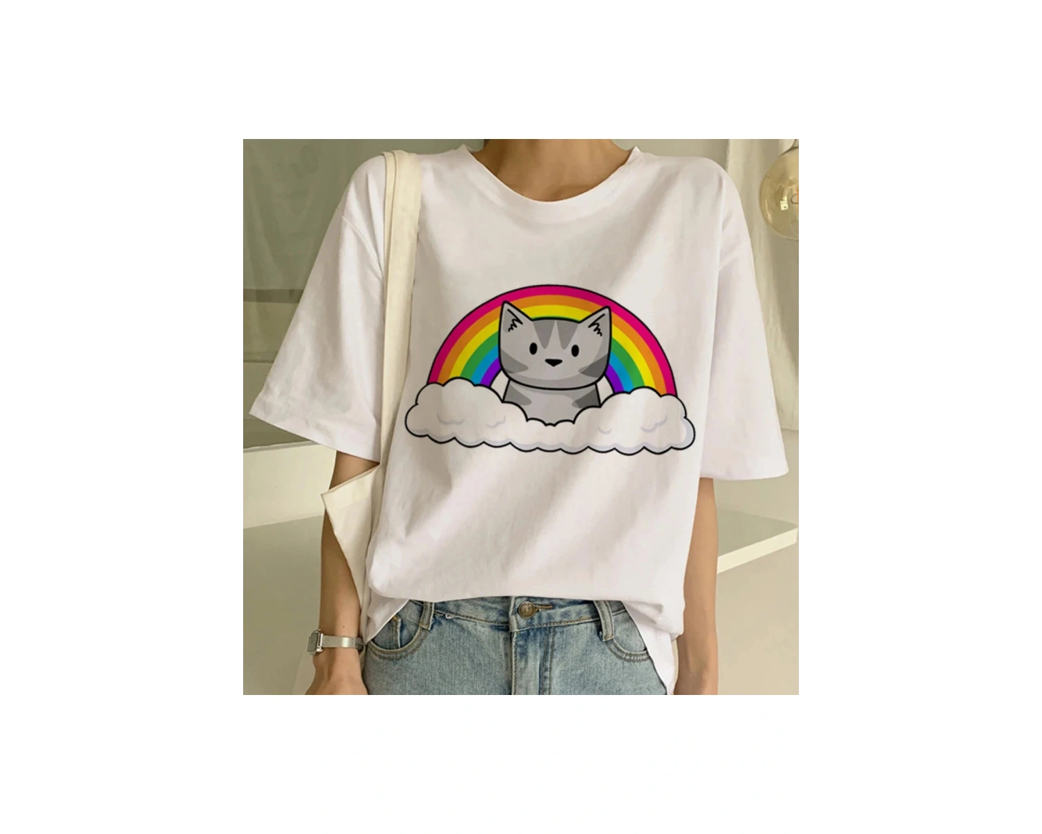 Beyaz Yeni Sevimli Kedi Komik Karikatür Baskı Tshirt Harajuku Kawaii T-shi