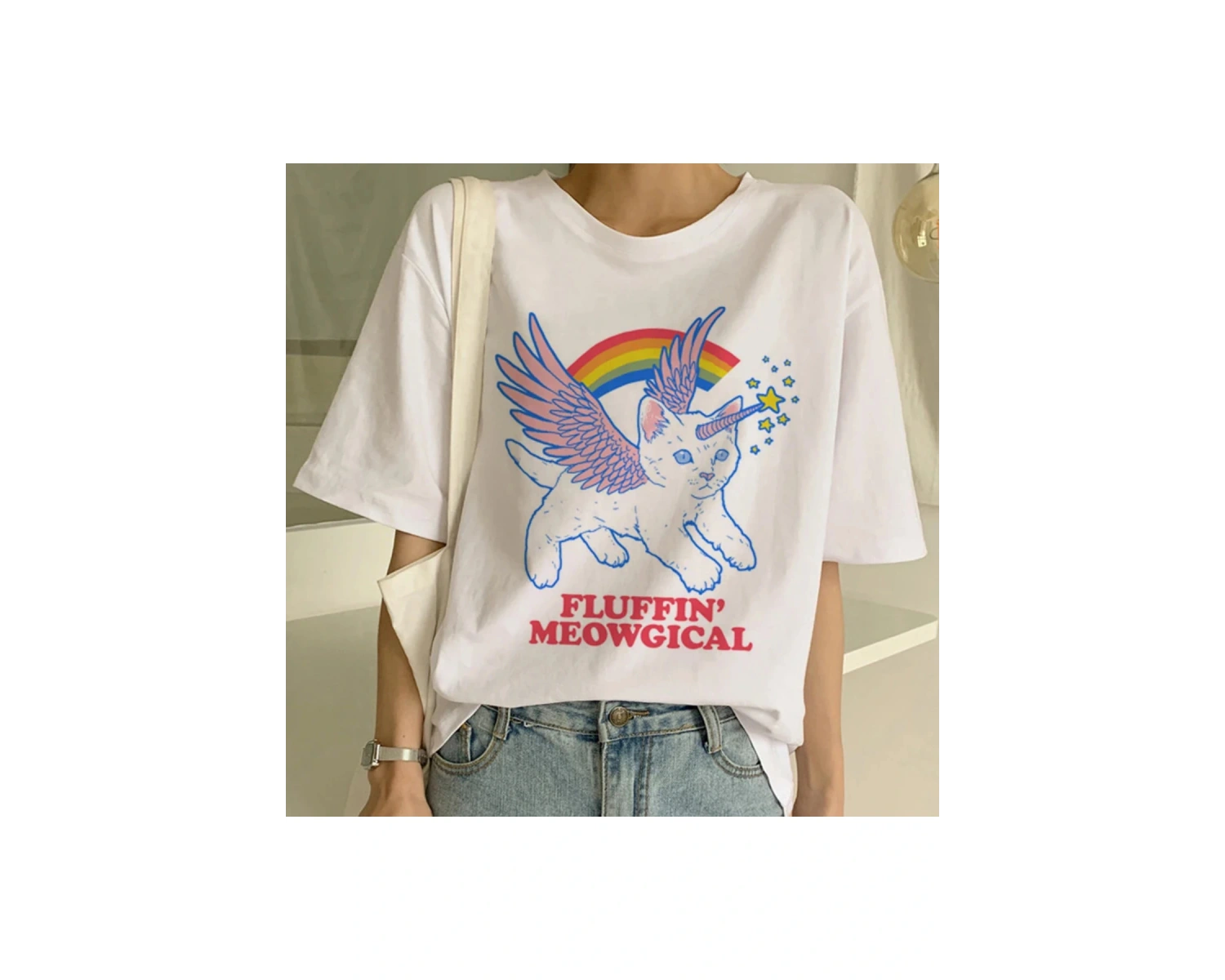 Beyaz Yeni Sevimli Kedi Komik Karikatür Baskı Tshirt Harajuku Kawaii T-shi